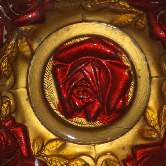 1890-1920 Antique Goofus Glass Bowl Cabbage Rose Red Gold Ruffled Edge Large - Picture 2 of 4